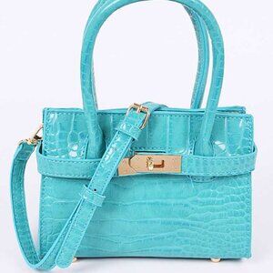 Bright Mini Teal Croc Embossed Iconic Top Handle Bag